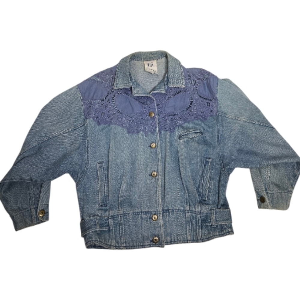 VINTAGE 90s lace applique cinch‎ waist denim jacket M